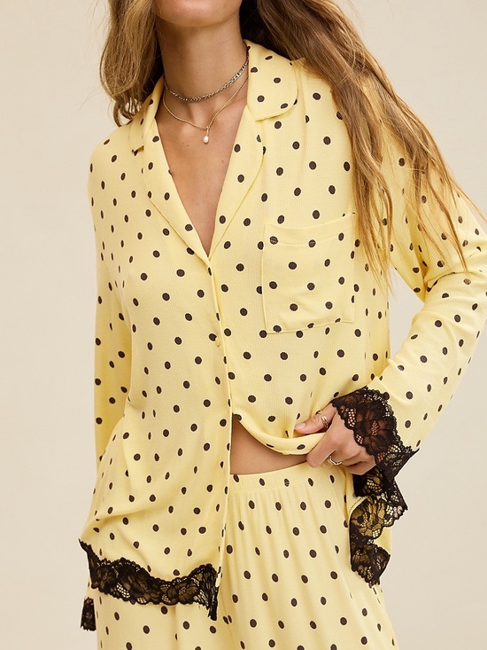 aerie Other - Aerie Real Soft Rib Polka Dot Lace-Trim Yellow Pajama Shirt, Large